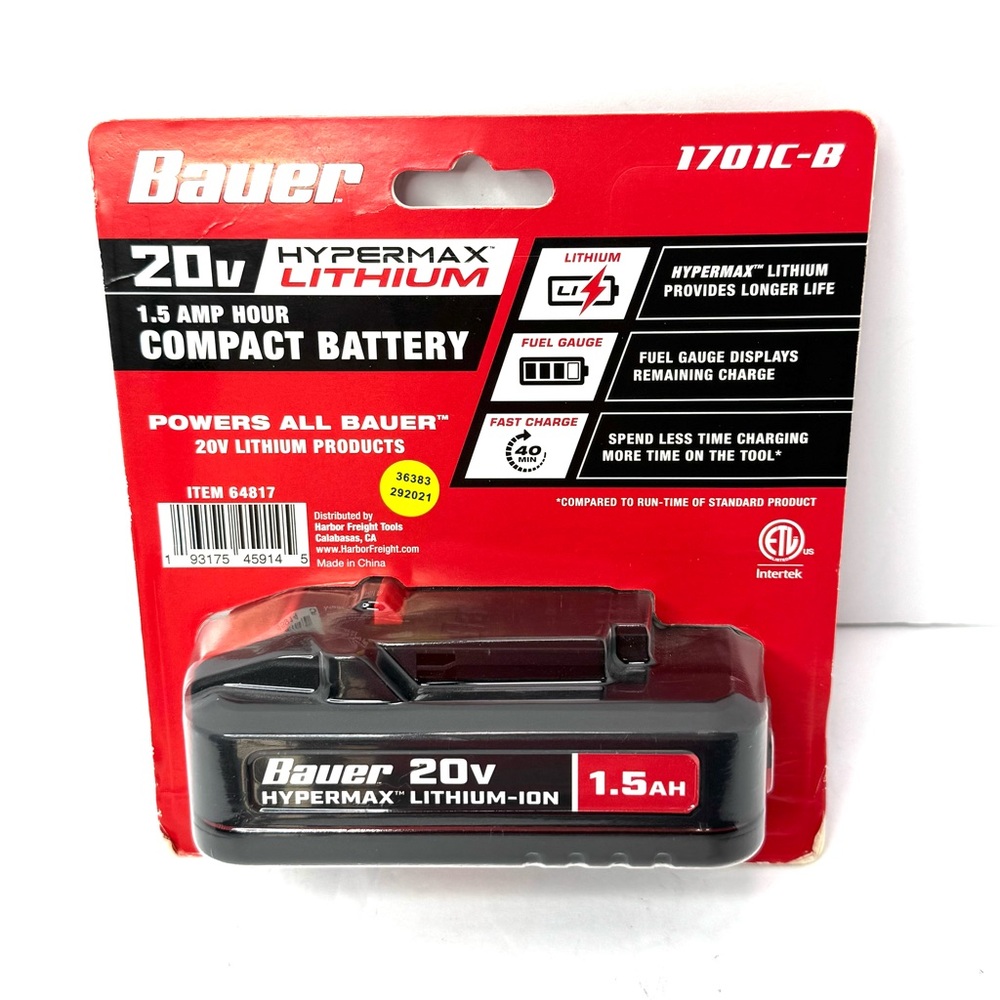 BAUER HYPERMAX 20V 1.5 AH High-Capacity Lithium-Ion Battery 1701C-B